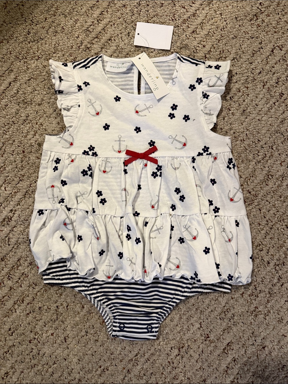 Wander White Navy Striped Nautical Anchor One-Piece with Red Bow